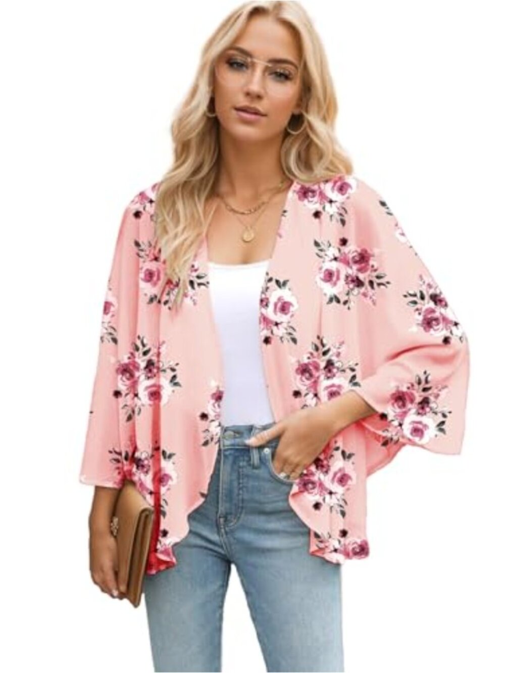 Women's Chiffon Kimono Cardigan 3/4 Sleeve Open Front Beach Cover Up